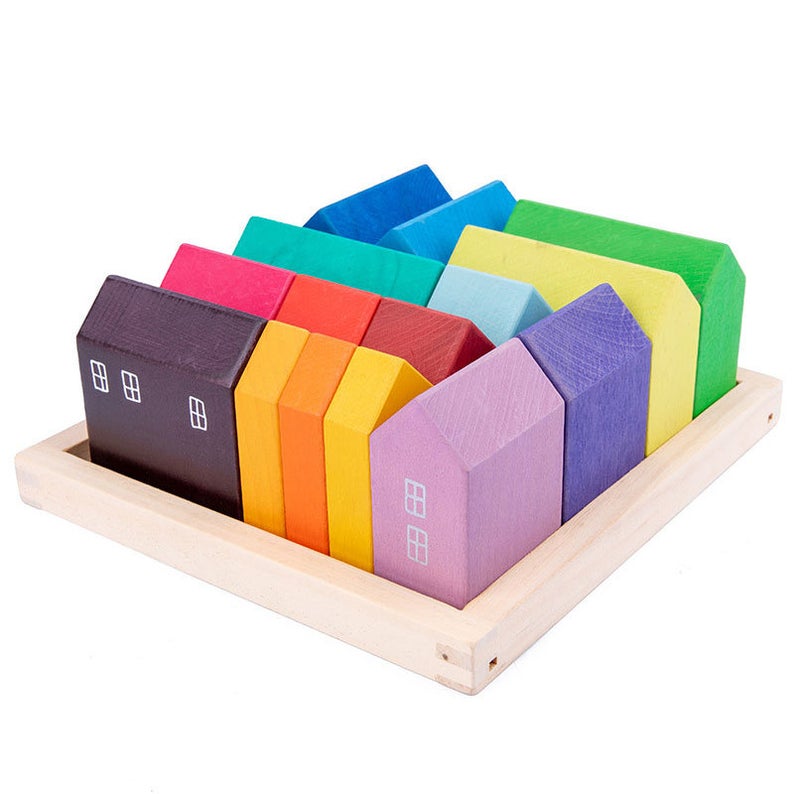 15-Piece Stained Little Village Wooden House Building Blocks Set
