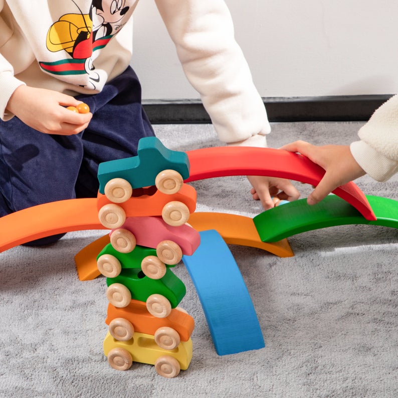 7 Pcs Colored Wooden Rainbow Cars Set with 3 Peg Dolls