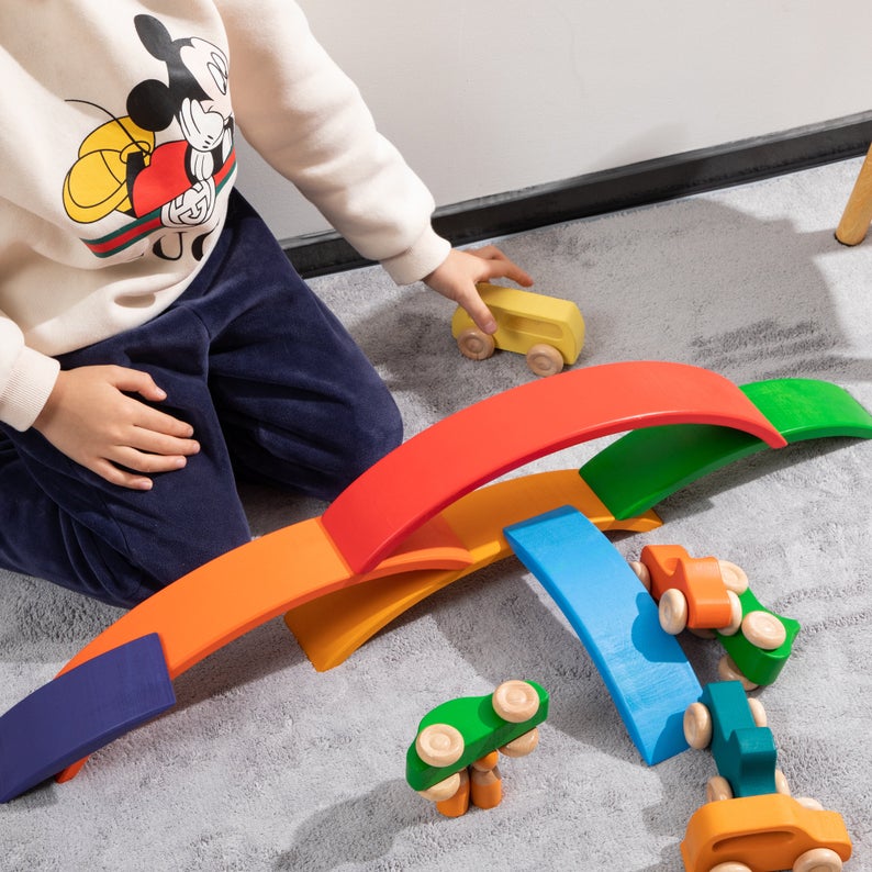 7 Pcs Colored Wooden Rainbow Cars Set with 3 Peg Dolls