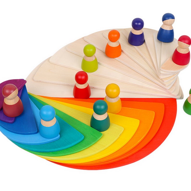 11-Piece Large Wooden Rainbow Stacking Semi-Circle Building Board Set – Natural Colors
