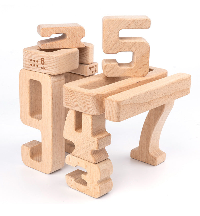32 Pcs Wooden Math Number Building Blocks Set with Tray