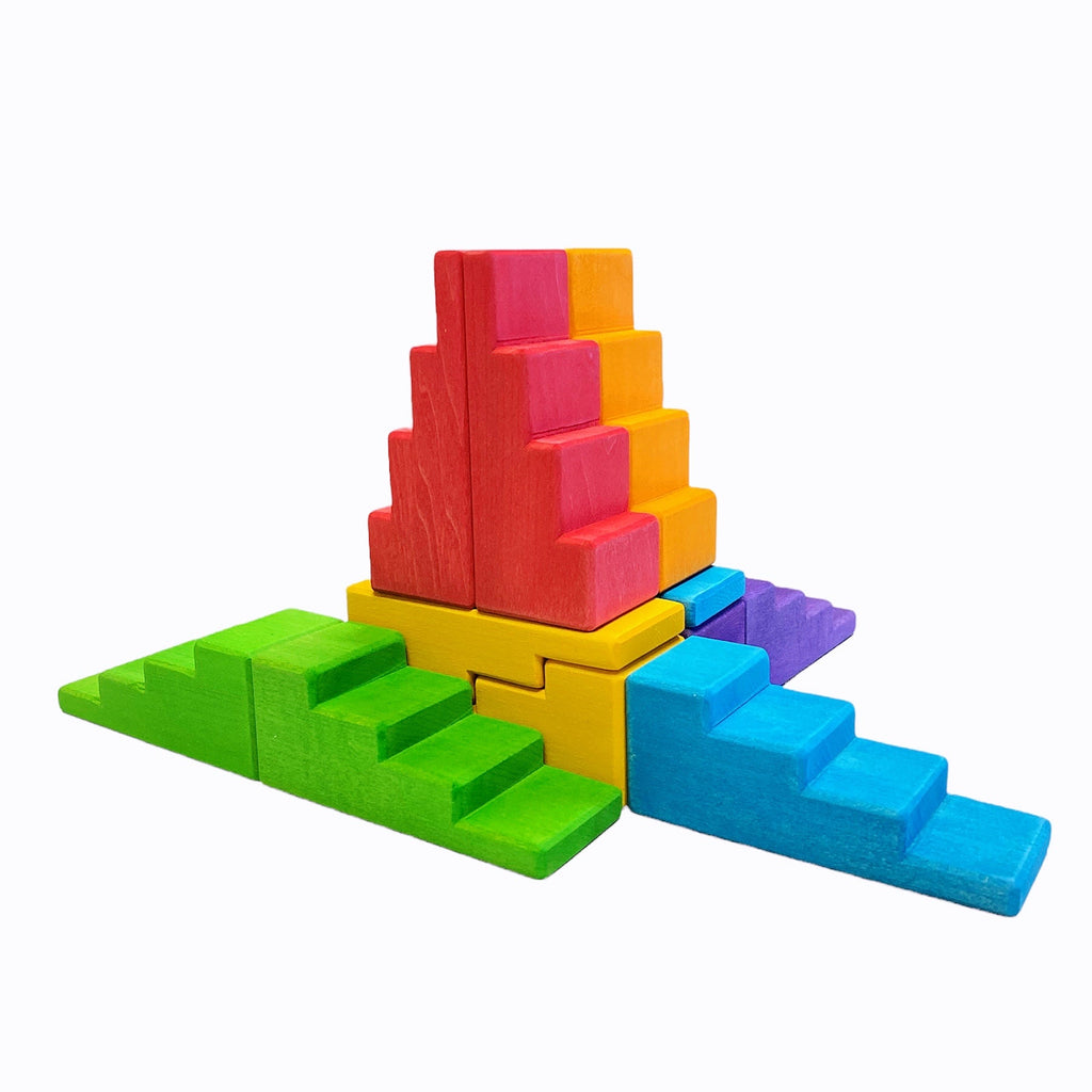 12-Piece Stained Stepped Roof Building Block Set — Primary Rainbow Colors