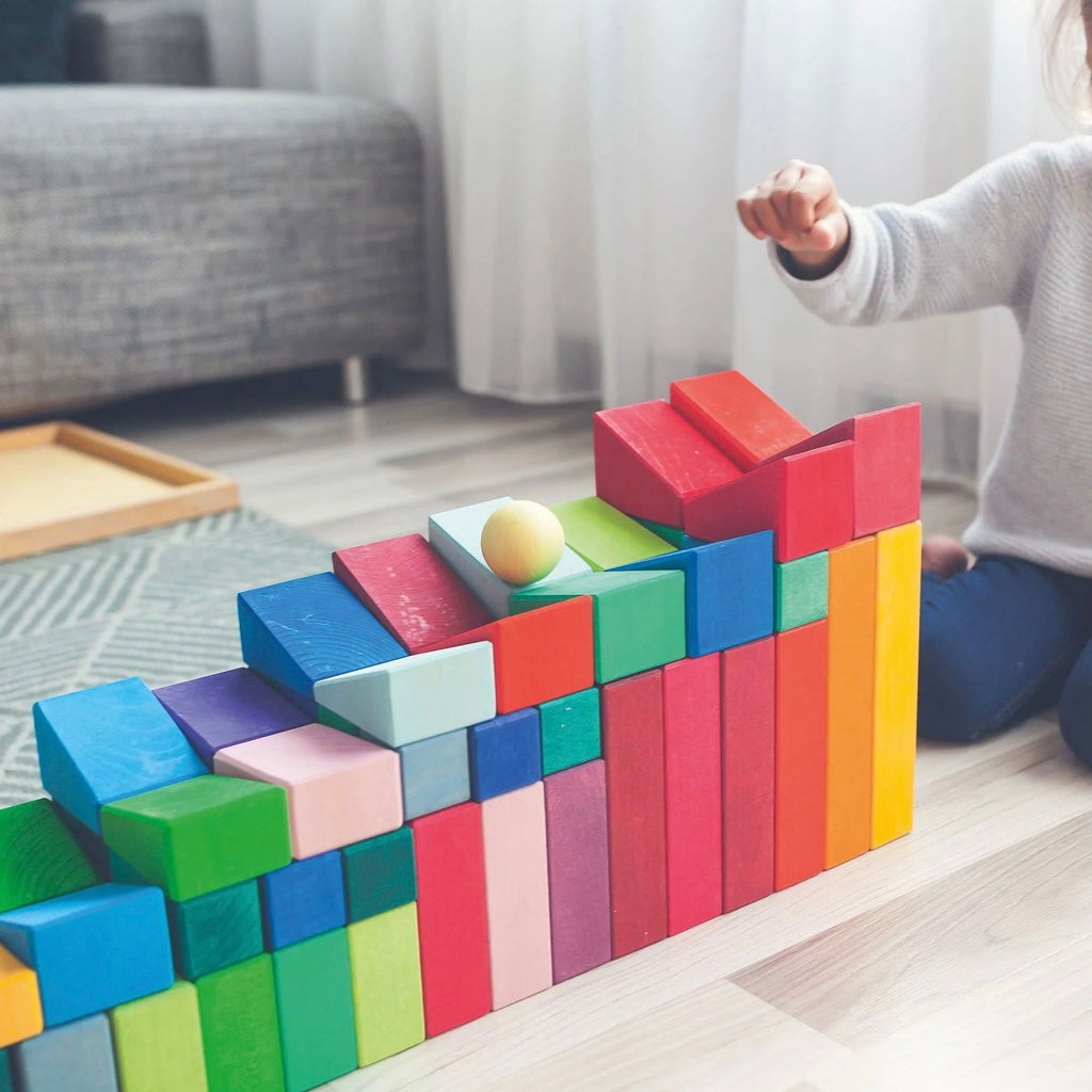 30 Pcs Stained Wooden Sloping Blocks – Primary Rainbow Colors with Storage Tray