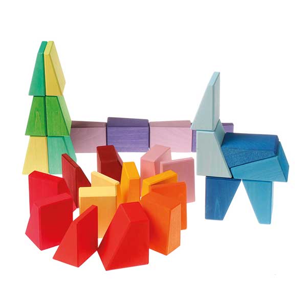 30 Pcs Stained Wooden Sloping Blocks – Primary Rainbow Colors with Storage Tray