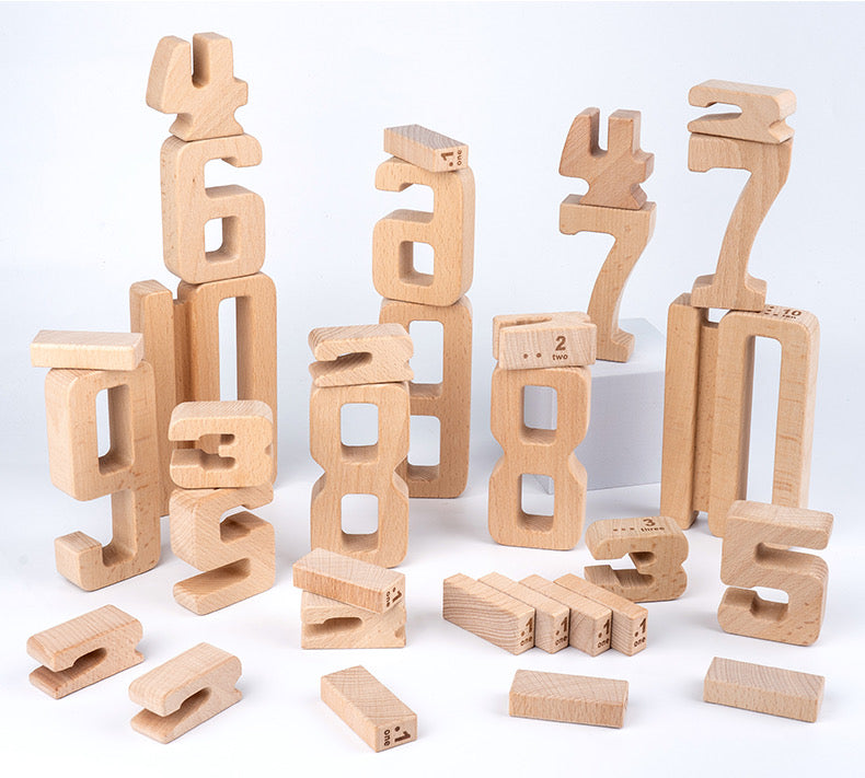 32 Pcs Wooden Math Number Building Blocks Set with Tray