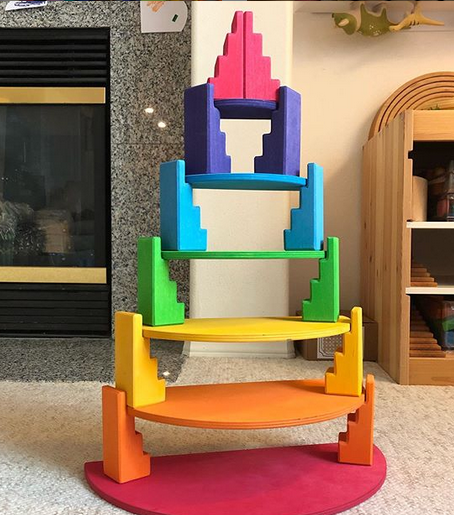 12-Piece Stained Stepped Roof Building Block Set — Primary Rainbow Colors