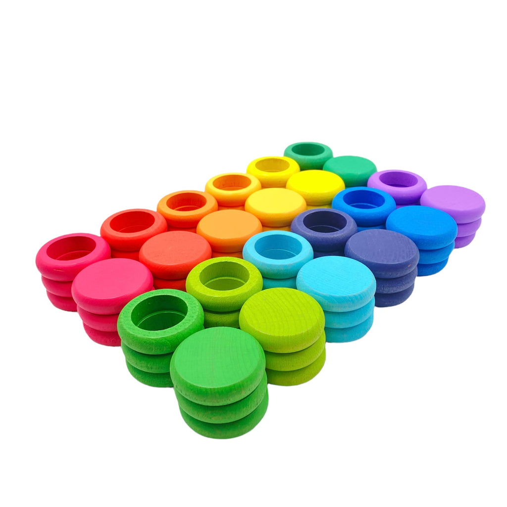 72-Piece Wooden Coins & Rings Set – Rainbow Colors | Sorting & Stacking Play