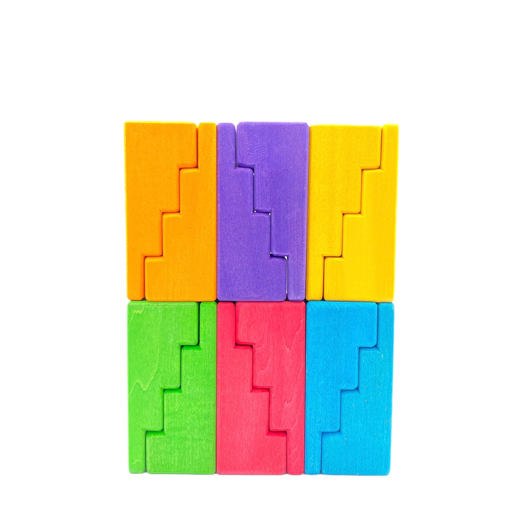 12-Piece Stained Stepped Roof Building Block Set — Primary Rainbow Colors