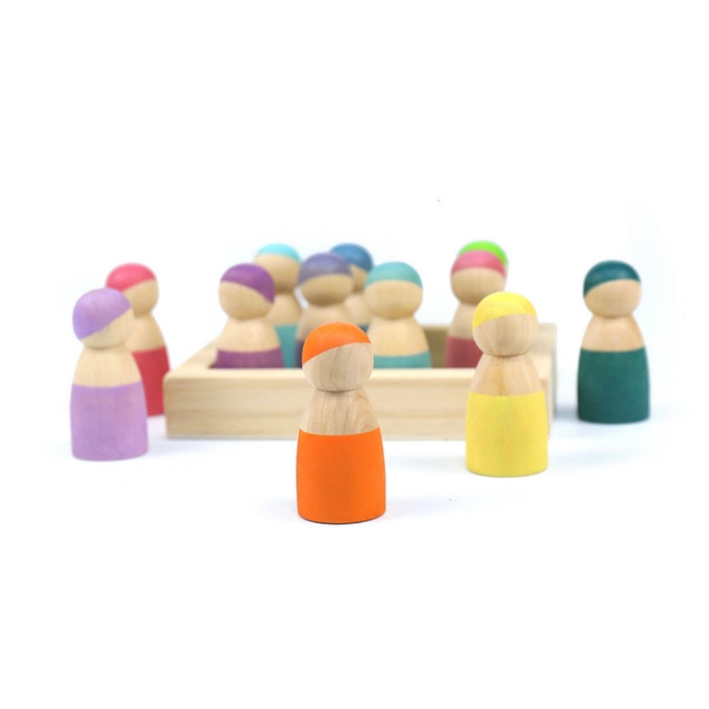 12-Piece Little Peg Doll Set with Tray — Pastel Colors