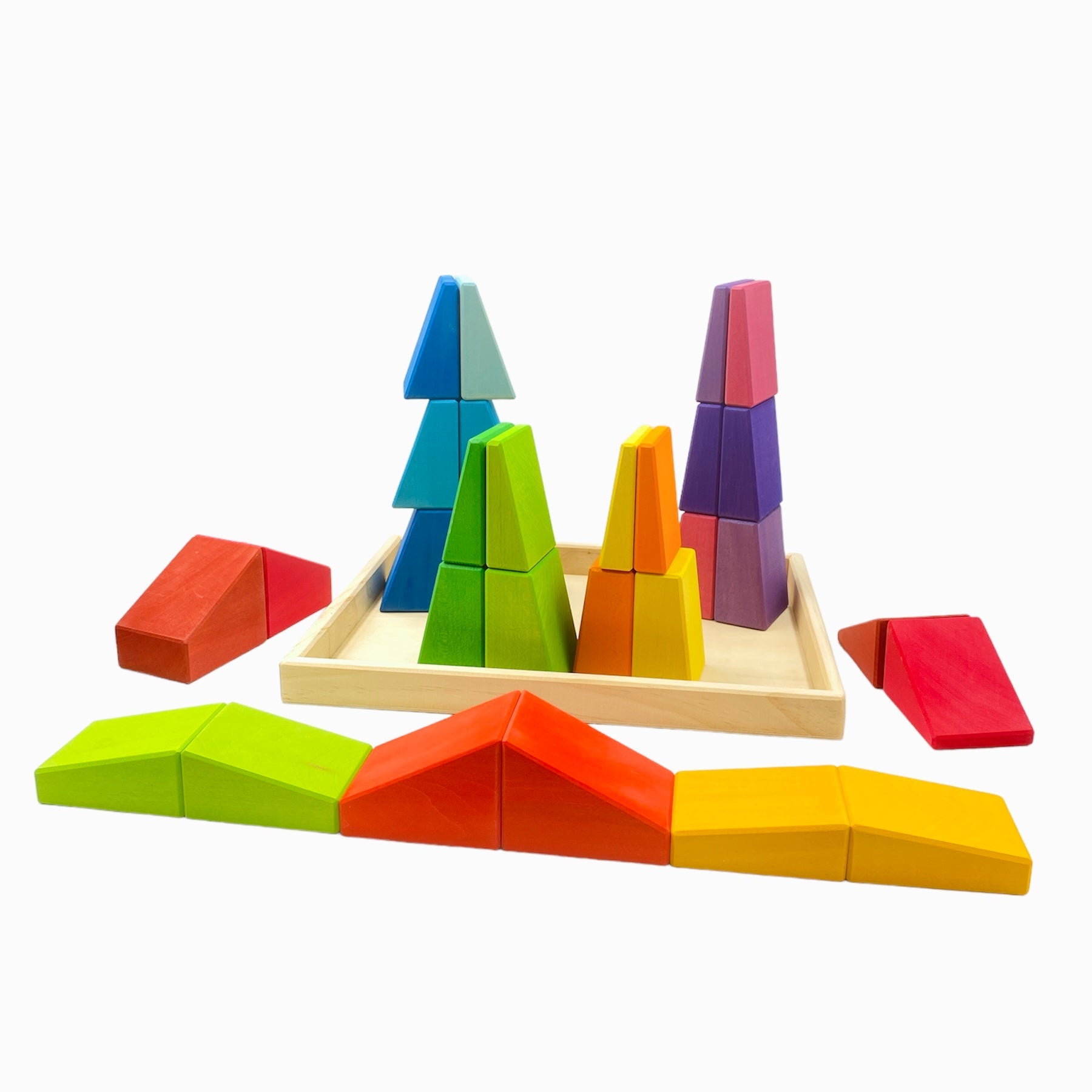 30 Pcs Stained Wooden Sloping Blocks – Primary Rainbow Colors with Storage Tray
