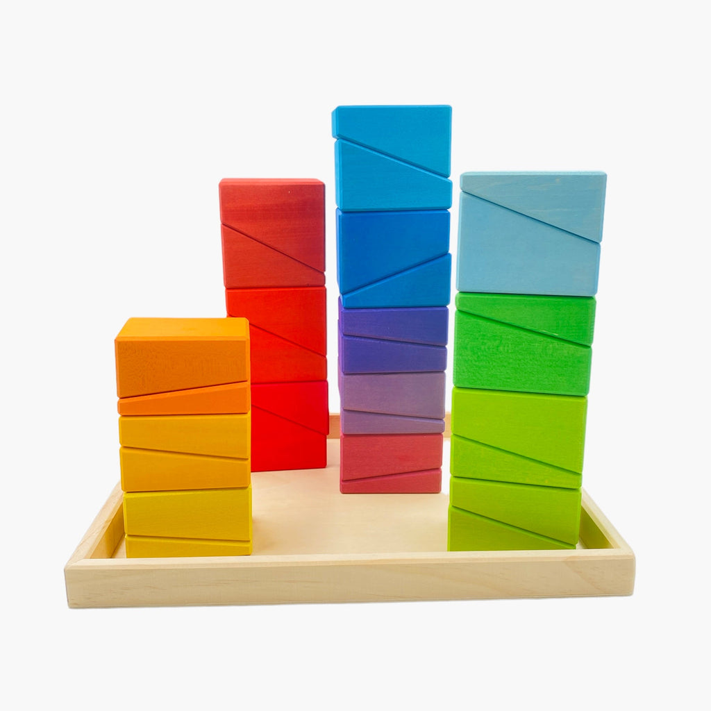 30 Pcs Stained Wooden Sloping Blocks – Primary Rainbow Colors with Storage Tray