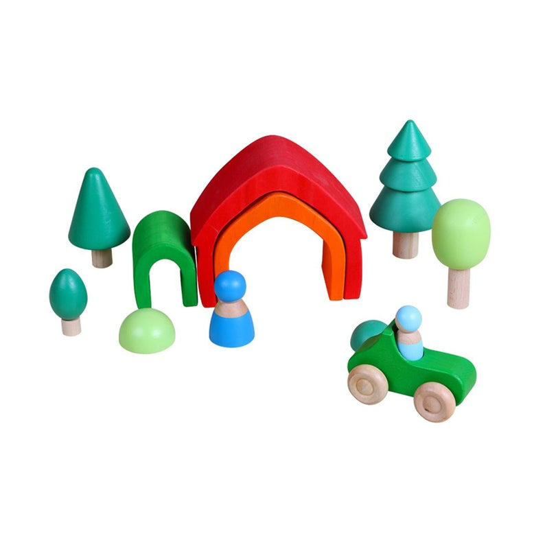 7 Pcs Colored Wooden Rainbow Cars Set with 3 Peg Dolls