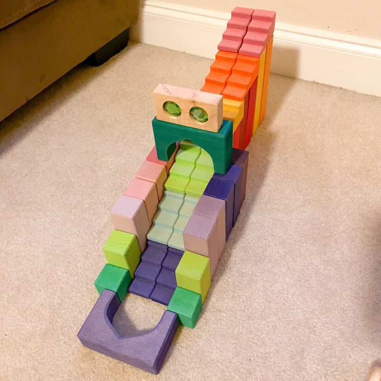12-Piece Stained Stepped Roof Building Block Set — Primary Rainbow Colors