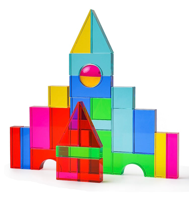 28 Pcs Rainbow Translucent Acrylic Sensory Building Blocks with Storage Tray