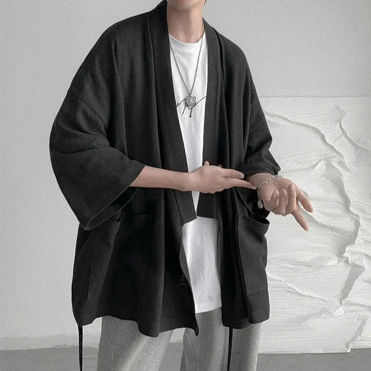 Japanese-themed Black Midnight Purple Minimalist Men’s Kimono Jacket