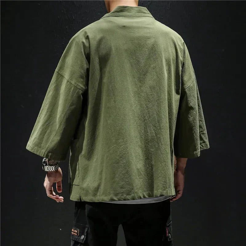 Japanese-themed Moss Green Charcoal Grey Men’s Kimono Jacket